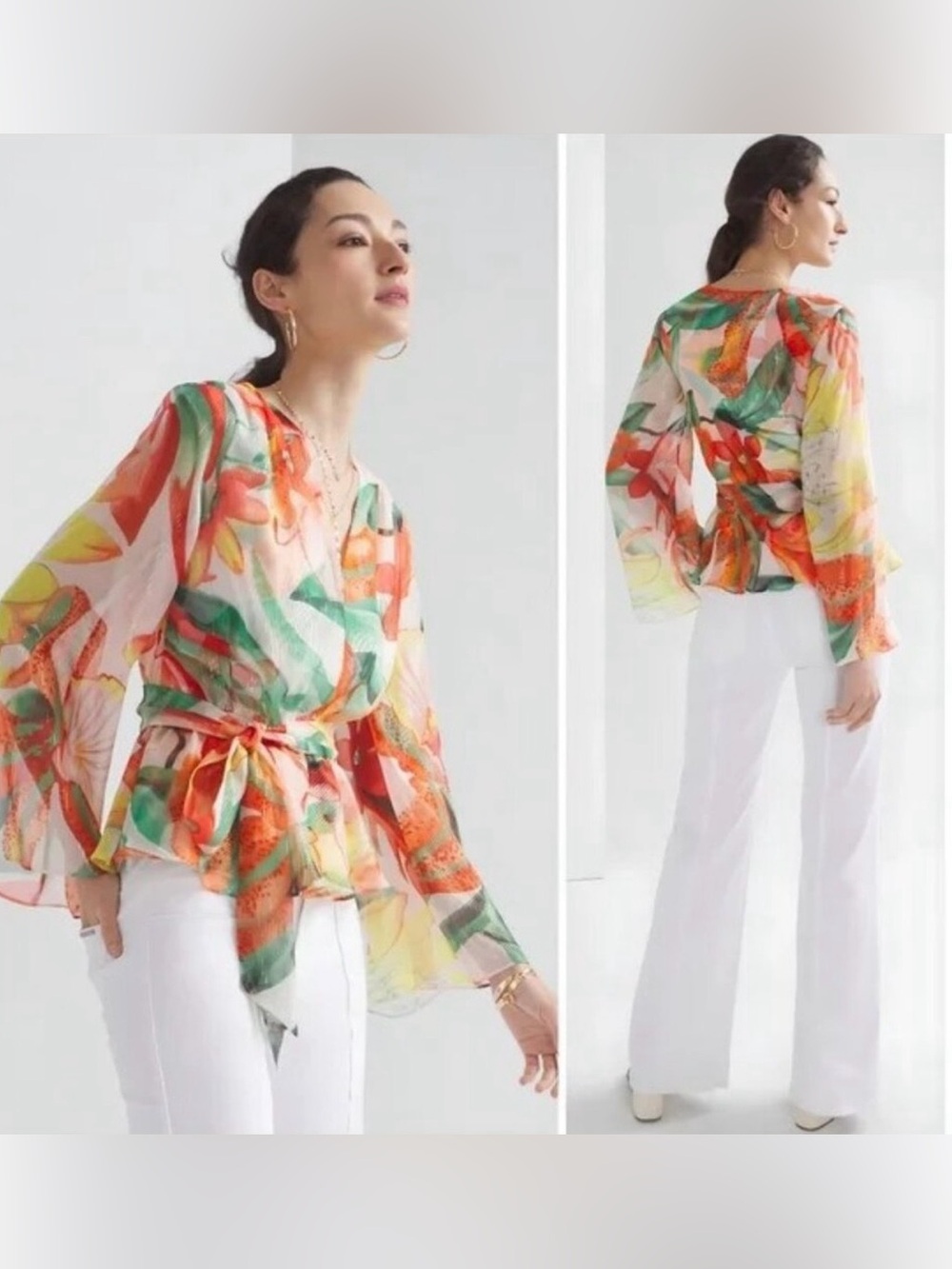 White House Black Market XL Floral Metallic Wrap Blouse Sheer Bell Sleeve Top